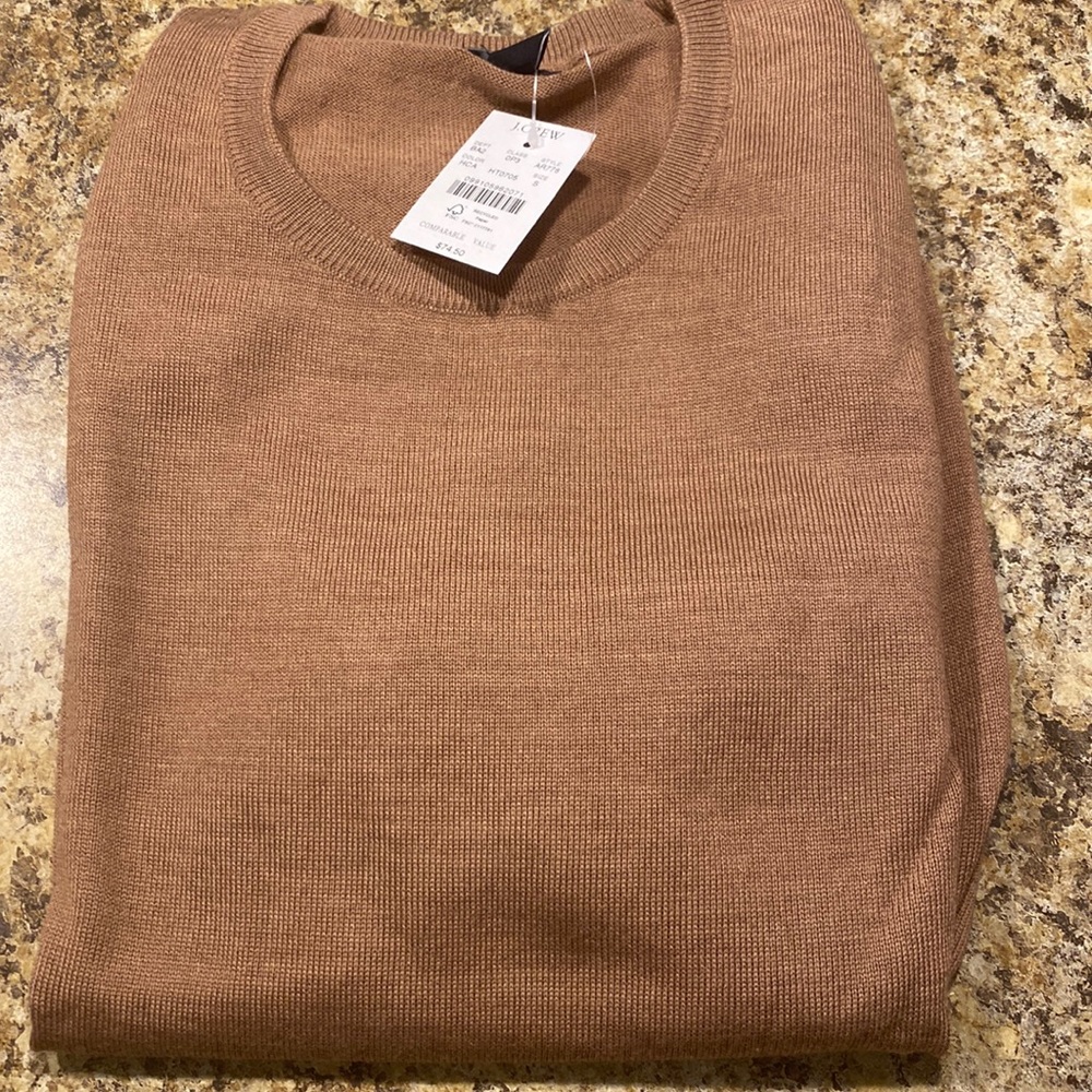 Mens, small camel colored Jcrew sweater.  50/50 Merino wool and Acrylic.